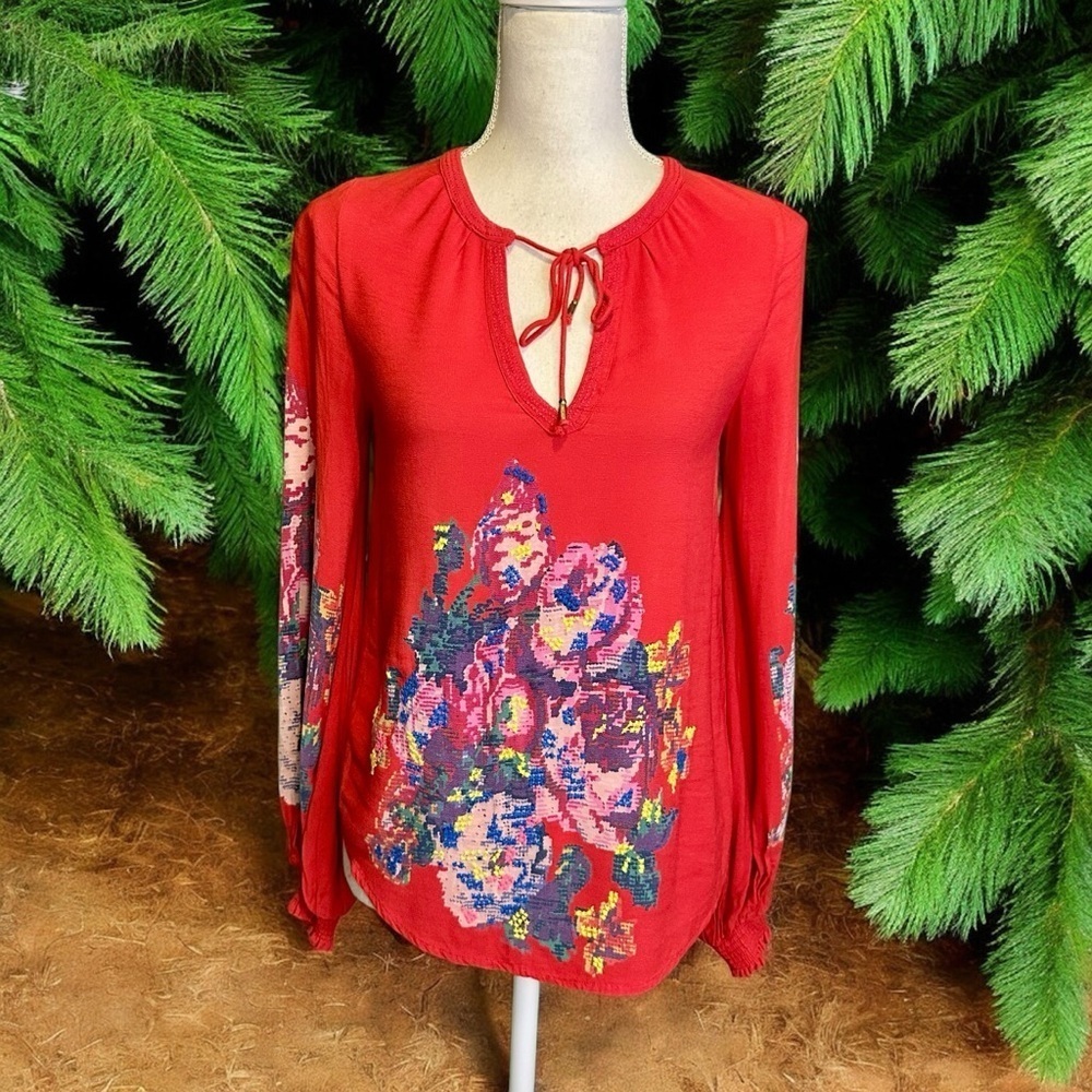 Anthropologie ‘Monica’ Floral Embroidered Pullover Peasant Blouse in Red Sz XXS